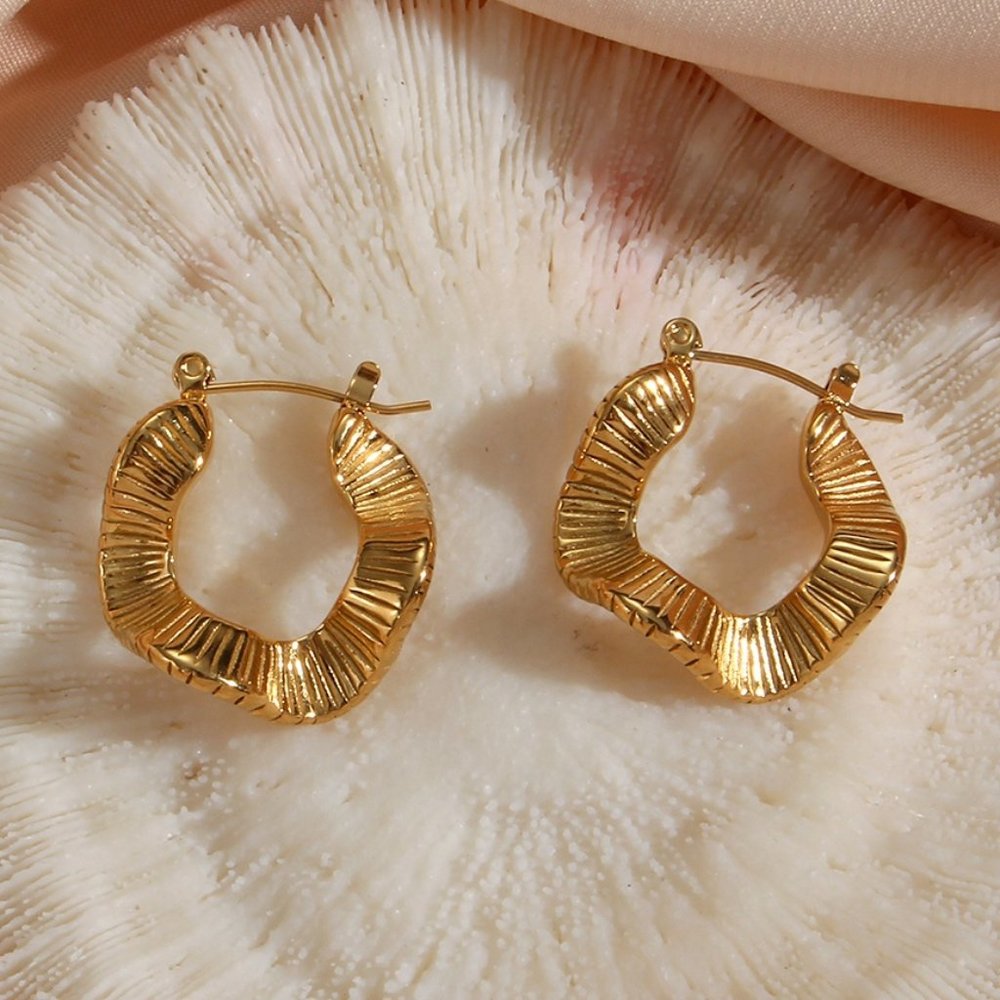 Organic Textured Wave Shape Hoop Earrings 18K Gold PVD Plated Stainless Steel - Picture 4 of 13